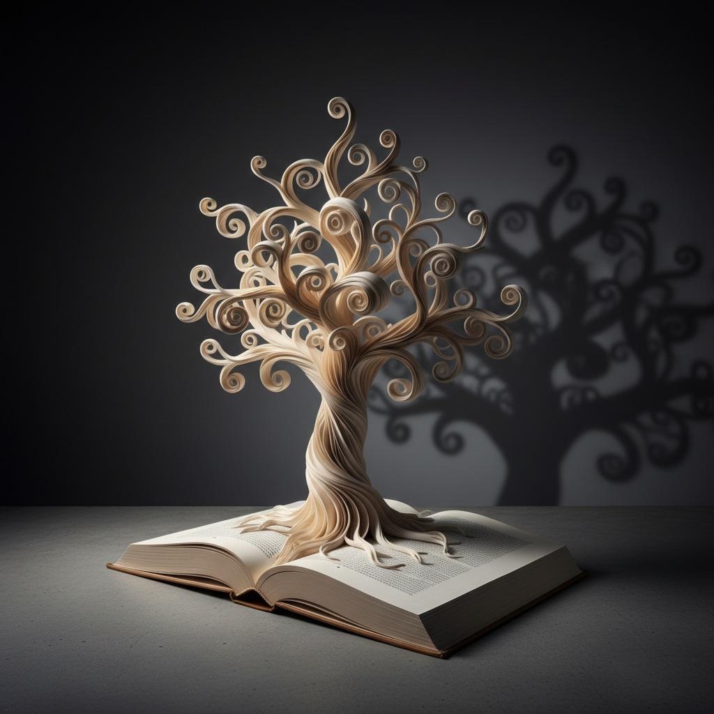 A stylized “tree of life” grows out of an open book placed on a matte concrete slab, its trunk and branches formed entirely from delicately folded, cream-colored pages that curl and twist upward. No leaves, just intricate paper branches casting complex, lace-like shadows on the slab. The backdrop is a smooth, deep charcoal gradient, fading to near black at the edges. A single, intense spotlight from the left creates dramatic highlights on the paper edges and a crisp, branching shadow behind. Shot in photographic realism from a low-angle perspective, the composition emphasizes verticality and strength, creating a bold, almost sculptural atmosphere that suggests stories growing into entire worlds.