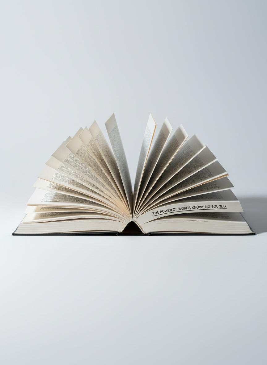 An open book lies flat on a seamless matte white surface, its cream pages fanned in a perfect arc, revealing a single, sharply printed excerpt highlighted by a thin, glossy black underline. The rest of the text fades toward the gutter in gentle blur. A hard beam of cool daylight cuts across from the right, creating razor-edged shadows between the pages and a diagonal line of contrast that divides light and dark. The background is an infinite white void, clean and uncluttered. Captured from a slightly elevated angle, the composition uses strong negative space around the book, evoking a bold, high-impact, photographic minimalist aesthetic that draws attention to the power of the words.