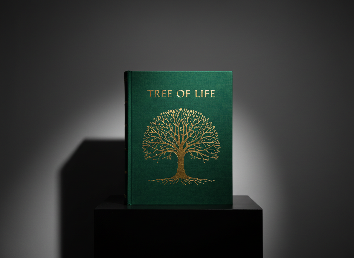 A single, large hardcover book titled “Tree of Life” rests upright on a matte black pedestal, its deep forest-green cloth cover embossed with a subtle, metallic gold branching tree that spreads like veins. The background is an empty, charcoal-gray studio wall, perfectly smooth. A powerful, directional spotlight from the upper left rakes across the cover, making the gold branches blaze and throwing a crisp, elongated shadow of the book onto the backdrop. The scene is shot at eye level with a tight, centered composition and shallow depth of field, emphasizing the book’s texture and title. The mood is bold and mysterious, a minimalist photographic realism that feels like a cinematic movie poster for literature.